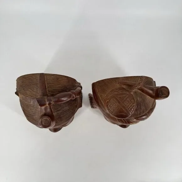 Vintage MCM Hand Carved Solid Wood Tribal Head Bookends Pair 7”